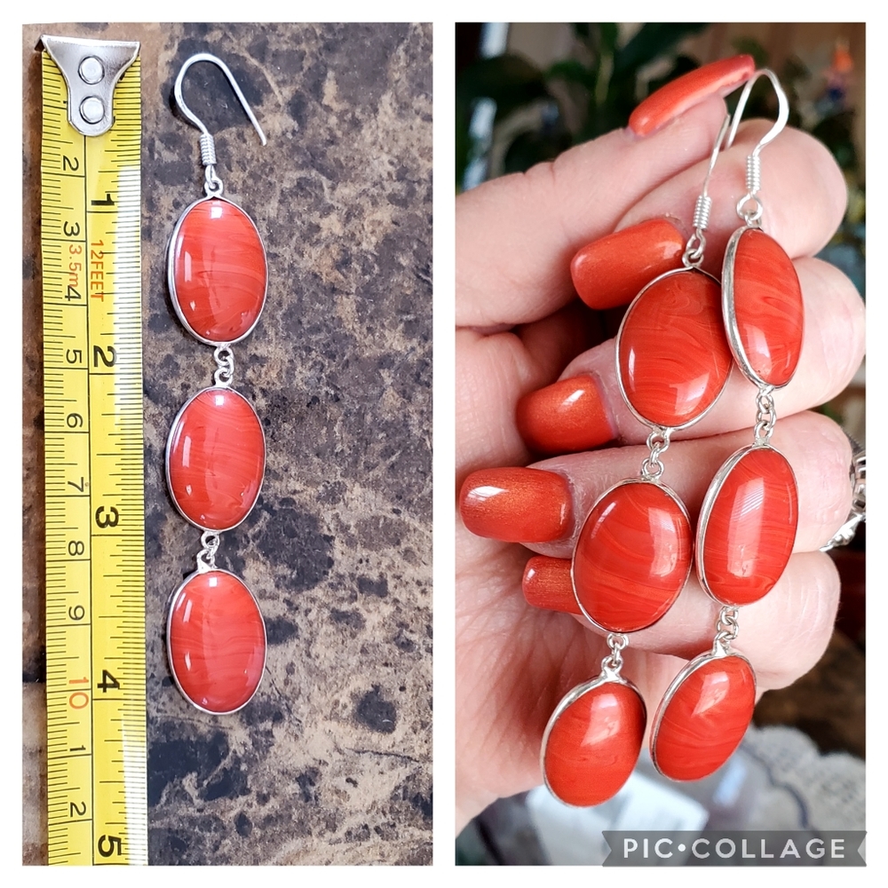 Genuine Solid Red Agate Drop Earrings 4" Long - image 5